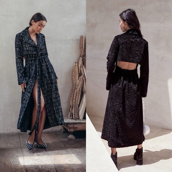 cult gaia Jackets & Blazers - Cult Gaia Aya Matelassé Velvet Open-Back Coat Belted‎ Long Black Size Small NWT